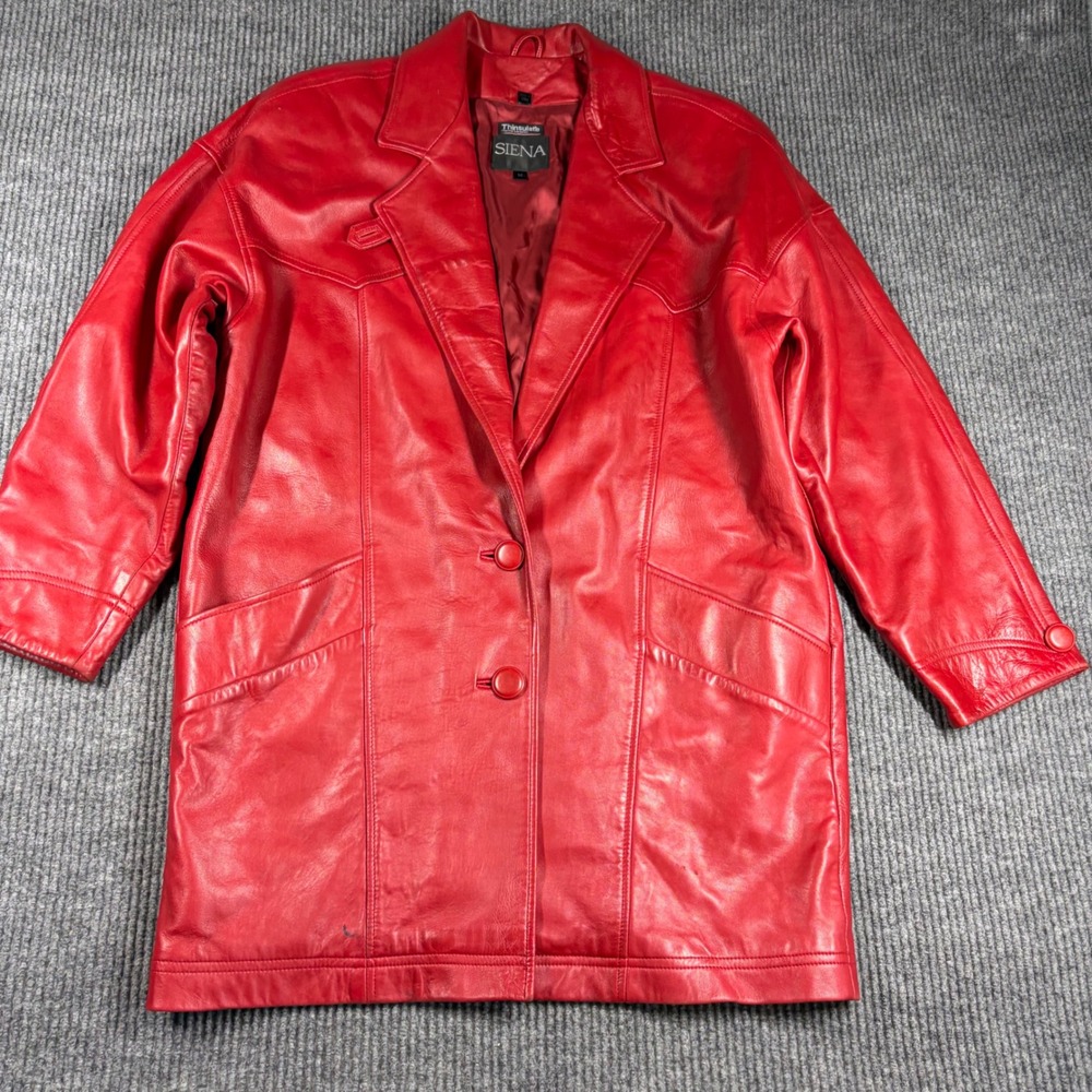 Siena Red Leather Coat Womens M Thinsulate Insulated Long Trench Coat Jacket